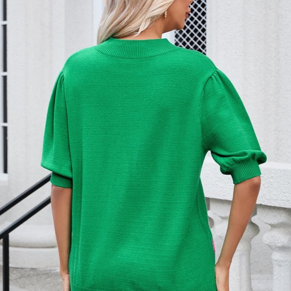 Bright Green Floral Bubble Short Sleeve Sweater - Picture 5 of 12